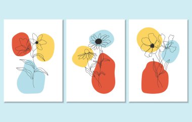 Üç soyut botanik poster seti, vektör illüstrasyonu