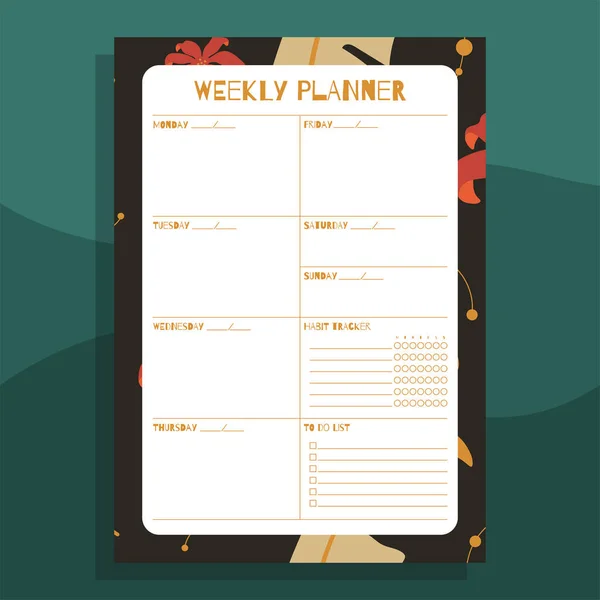 Weekly Planner Print Concept Template Hand Drawn Exotic Floral Leaves — Stock Vector