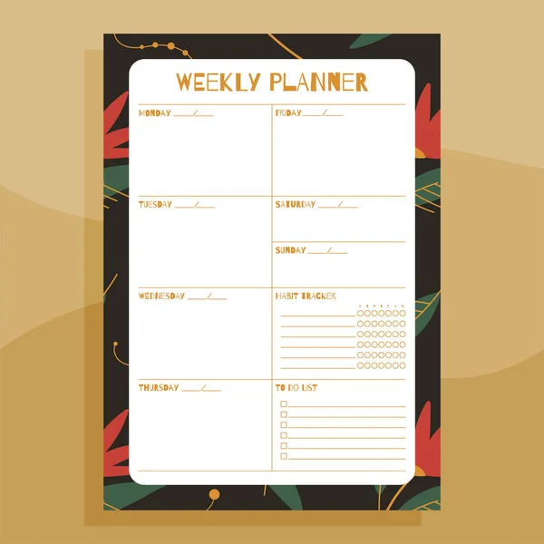 Weekly Planner Print Concept Template Hand Drawn Exotic Floral Leaves — Stock Vector