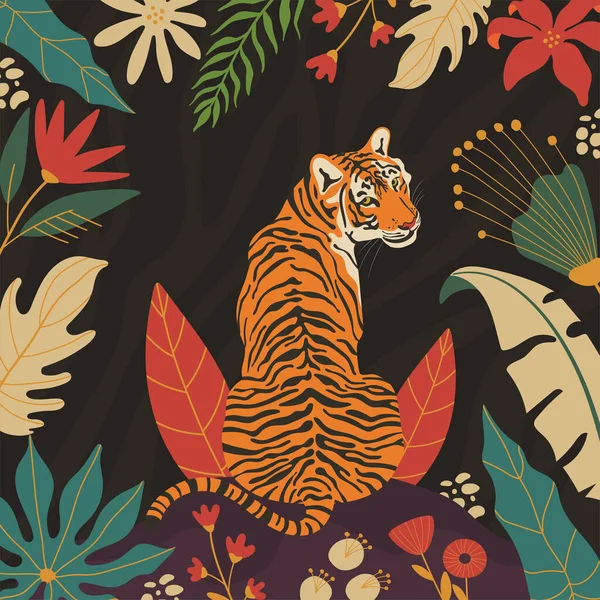 Tigre Nella Giungla Carta Poster Disegnato Mano Illustrazioni Floreali Fogliame — Vettoriale Stock