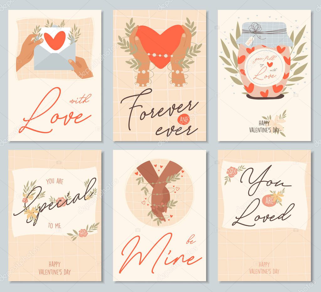 Set of Valentines day greeting cards concept templates in flat design, with hand drawing illustrations and lettering