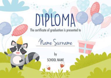 Diploma sertifikası konsept şablonu, balonlu sevimli karikatür rakun karakteri. 