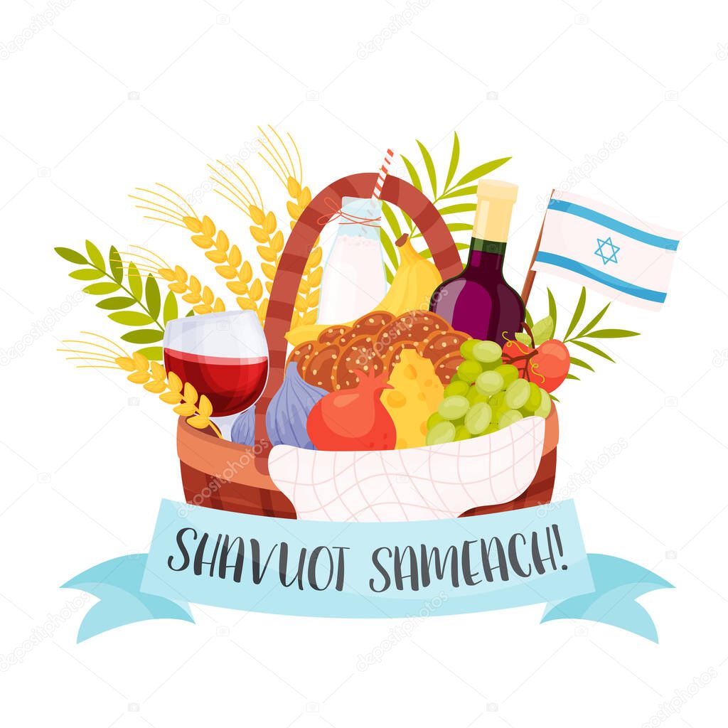 Happy Shavuot day greeting card concept. Translation from Hebrew text - Happy Shavuot. Vector illustration