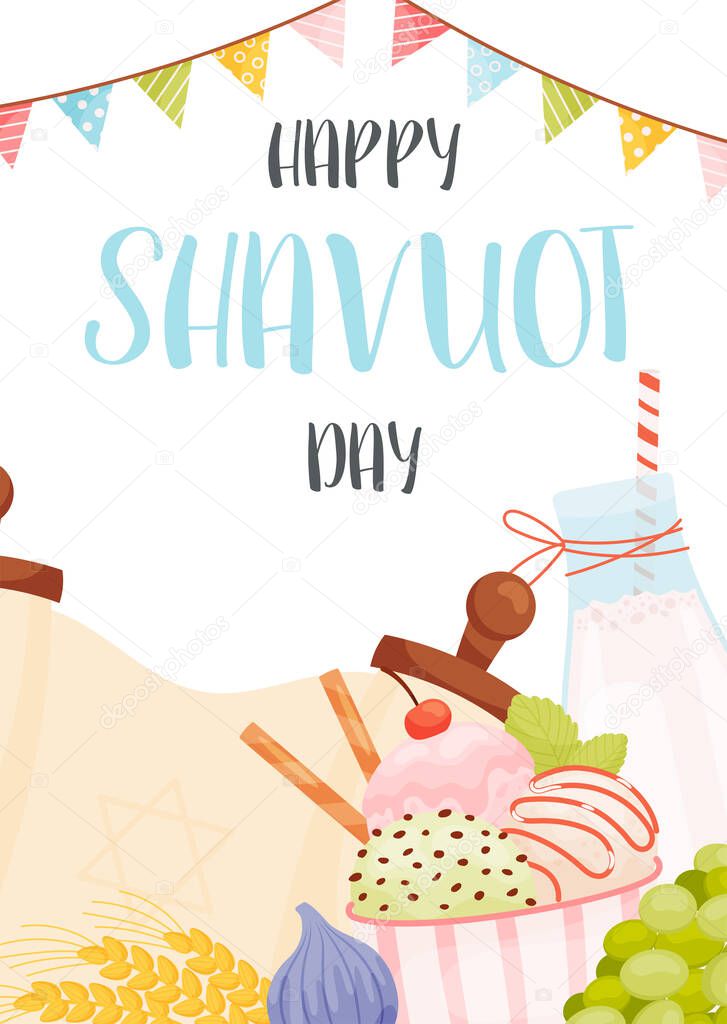 Happy Shavuot day greeting card flyer concept. Translation from Hebrew text - Happy Shavuot. Vector illustration