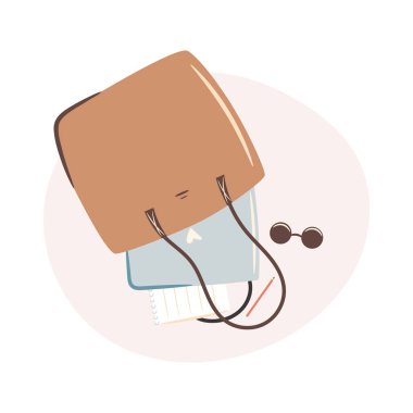 Laptoplu alışveriş çantası, not defteri ve güneş gözlüğü. Çalışma günleri konsepti çizimi 