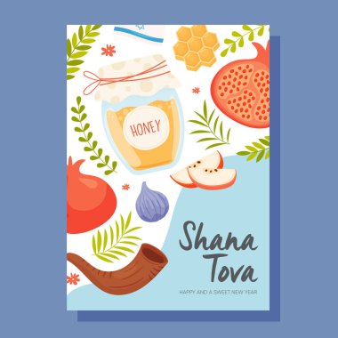 Mutlu Rosh Hashanah günleri, Shana Tova tebrik kartı. Vektör illüstrasyonu