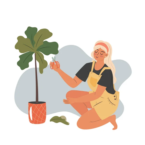 Woman Cuts Dried Leaves Plant Vector Concept Illustration — 스톡 벡터