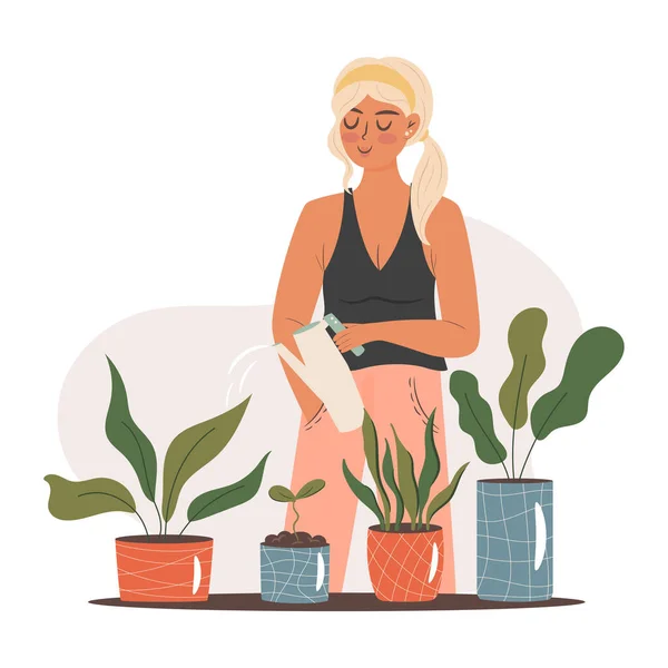 Woman Watering Plant Vector Concept Illustration — 스톡 벡터