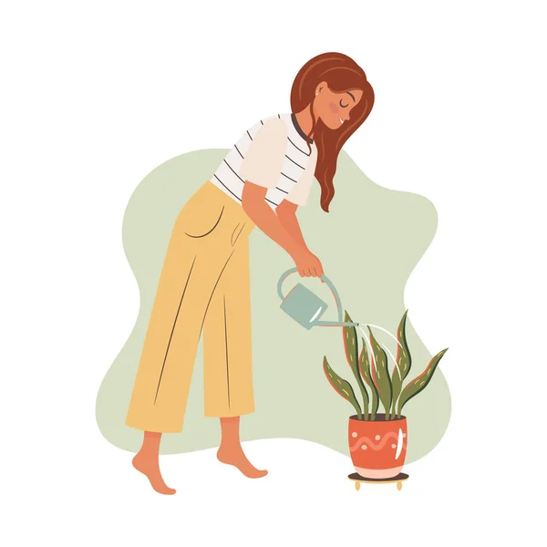 Woman Watering Plant Vector Concept Illustration — Stock Vector