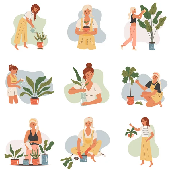 Woman Taking Care Plant Set Vector Concept Illustration — 스톡 벡터