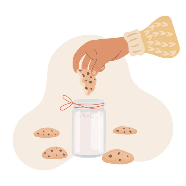 女性の手に牛乳にクッキーを浸し 牛乳の概念とクッキー ベクトルイラスト — ストックベクタ