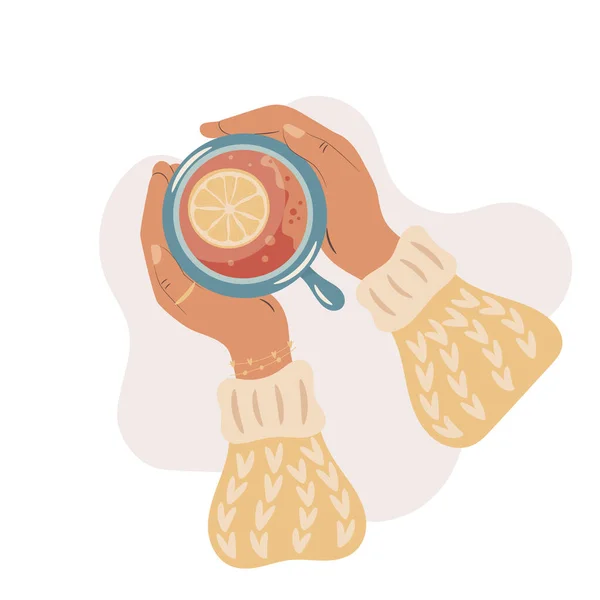 Mãos Mulher Segura Xícara Quente Chá Com Limão Conceito Tempo — Vetor de Stock