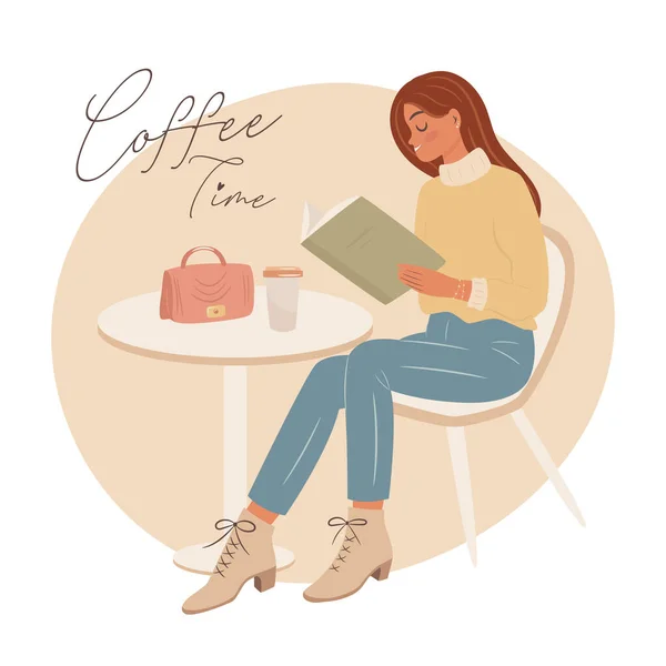 Mujer Leyendo Libro Tomando Café Cafetería Hola Concepto Otoño Concepto Vector de stock