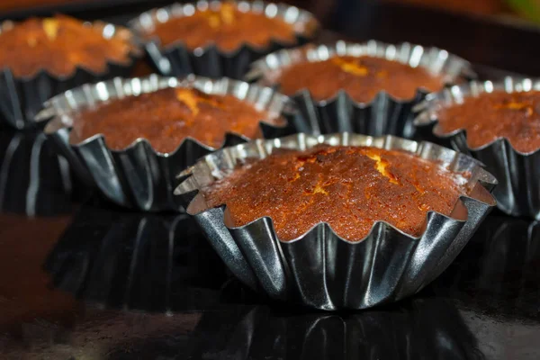 Baked Fresh Cupcakes Metal Molds Electric Oven Selective Focus — Photo