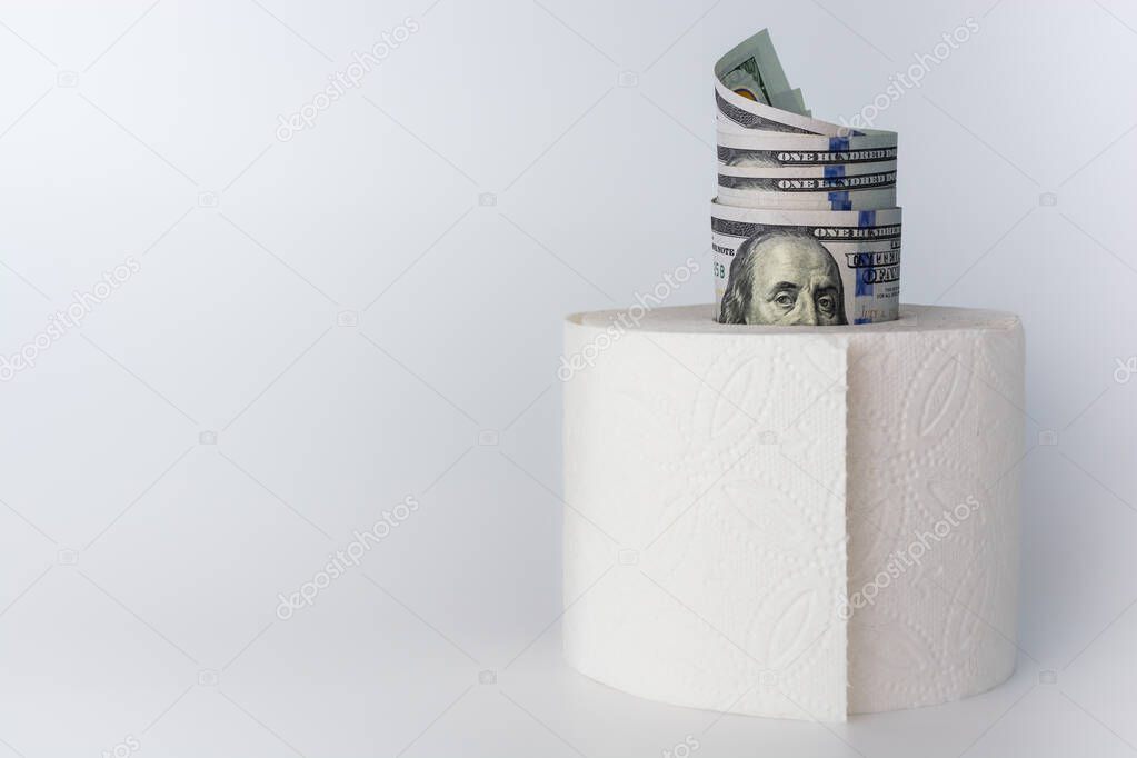 Inflation. The value of money. American 100 dollar bills inserted into toilet paper on a light white gray background. Business and finance theme.