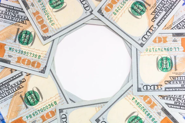 Antecedentes Billetes Americanos Cien Dólares Con Círculo Blanco Medio Negocios — Foto de Stock