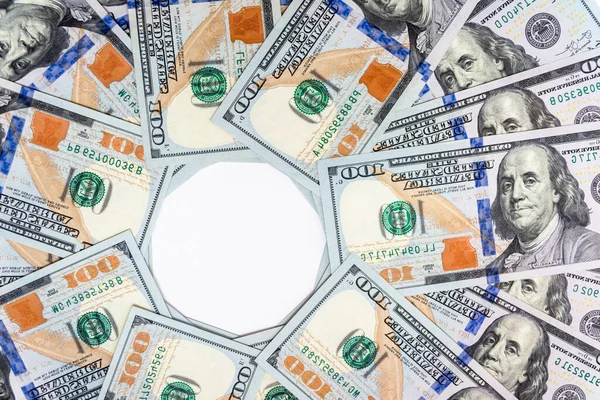 Antecedentes Billetes Estadounidenses Cien Dólares Con Círculo Blanco Dinero Negocios — Foto de Stock