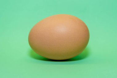 Bir tavuk yumurtası yatay olarak soluk yeşil bir arka planda yer alır. Yemek teması.
