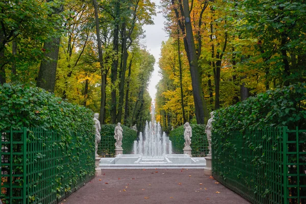 Krásná Podzimní Letní Zahrada Fontánami Petrohradě Rusku — Stock fotografie