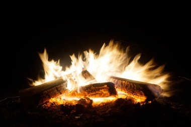 Baykal 'daki Olkhon adasında ahşaptan yapılmış parlak kamp ateşi.