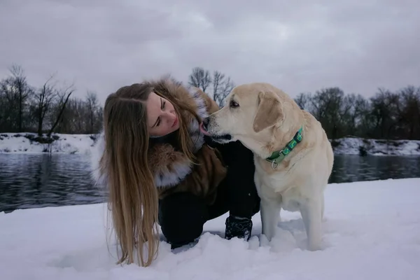 冬に雪の中に白い犬を持つ女の子 — ストック写真