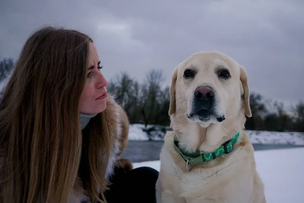 冬に雪の中に白い犬を持つ女の子 — ストック写真