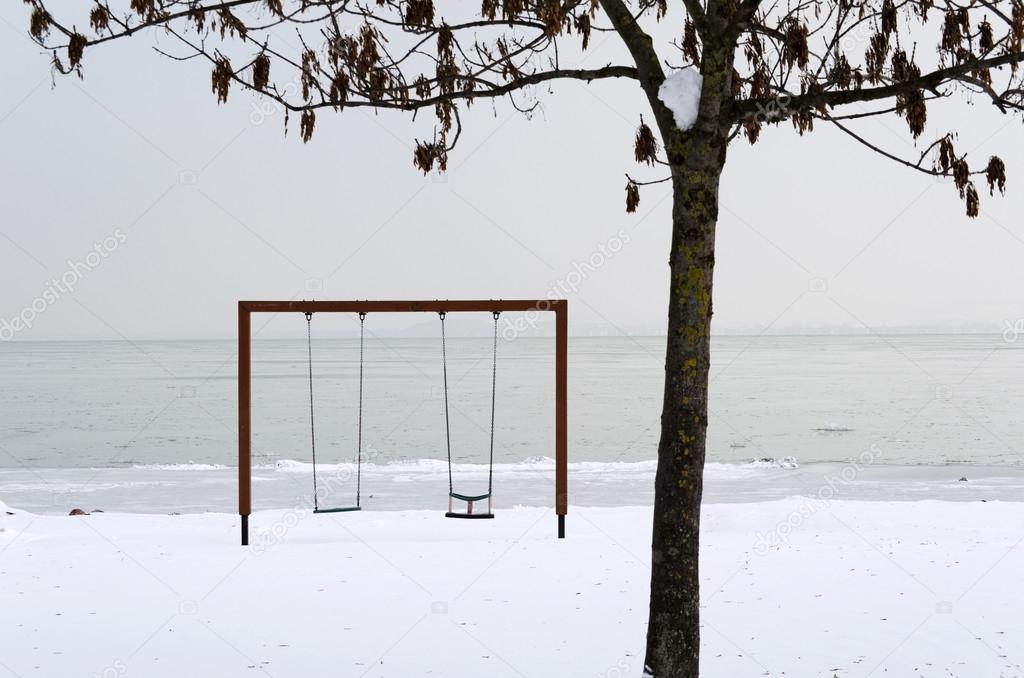 Bench at Lake Balaton in winter time,Hungary