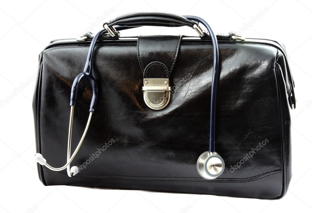 Doctors Bag With Stethoscope On A Gray Background Stock Photo