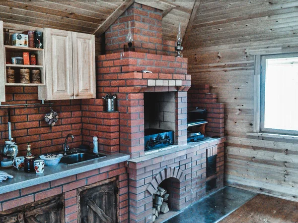 Traditioneller Russischer Steinofen Einer Holzhütte — Stockfoto