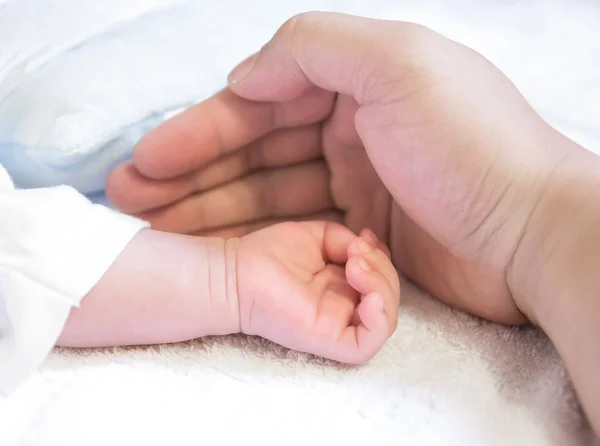 Nyfött barn hand täcka av en manlig hand — Stockfoto