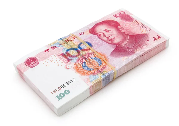 Pila de nuevo RMB 100 con ruta de recorte — Foto de Stock