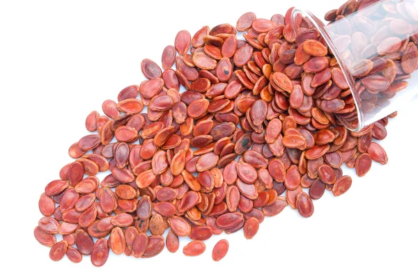 Red melon seeds pour out from a glass cup — Stock Photo, Image