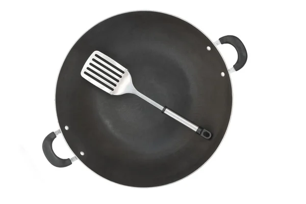 Top view wok and spatula with clipping path — Stock Photo, Image