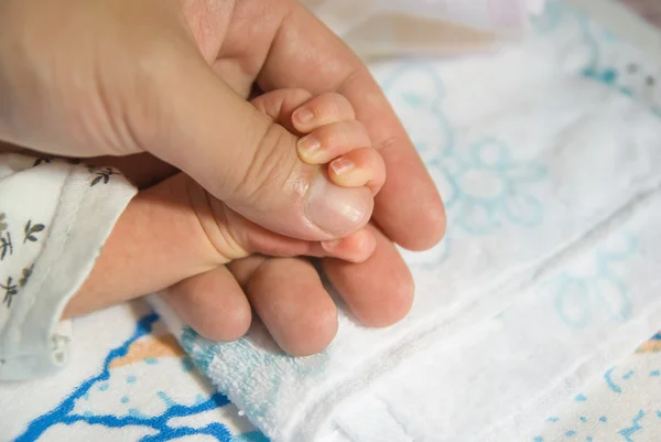 Newborn baby hand on a male hand — Stock Photo, Image