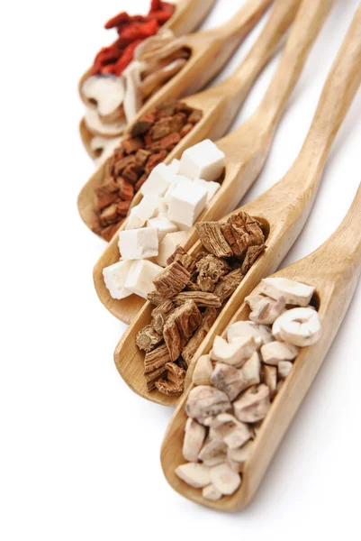 Chinese herbs on wooden spoons — Stock Photo, Image