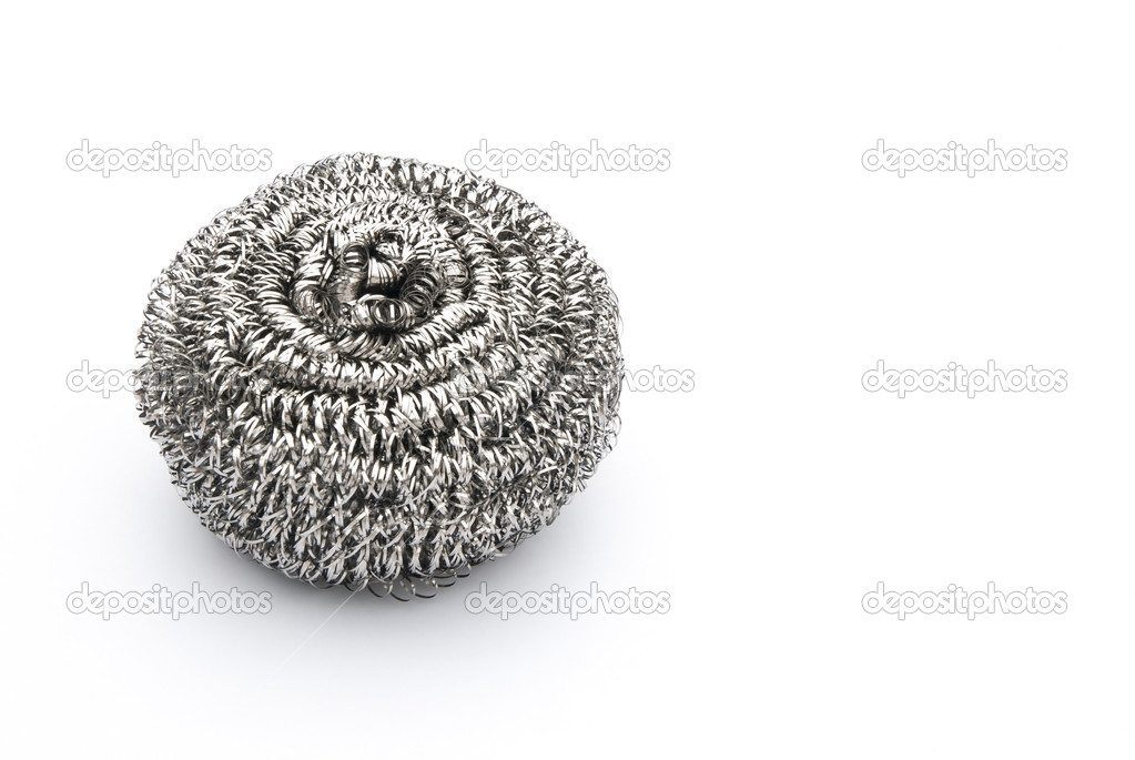 steel wool dishwashing on white with copy space