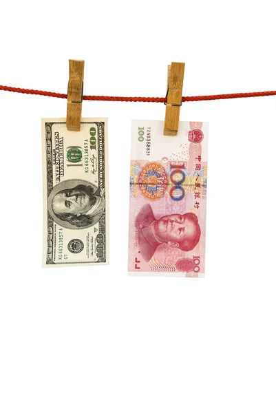 USD and RMB hanging with clipping path, money-laundering — Stock Photo, Image