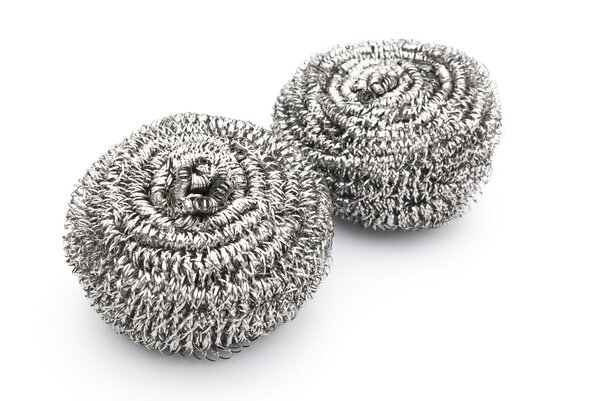 two steel wool dishwashing on white background