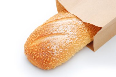 Üstten Görünüm ekmek üzerinde beyaz kağıt çanta