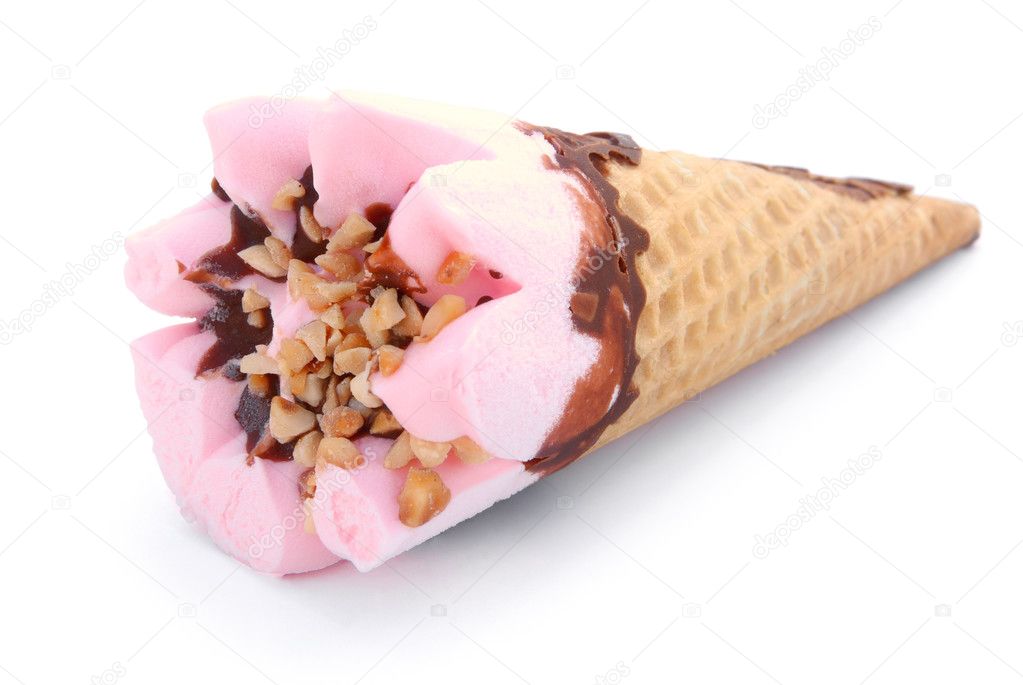 Strawberry flavor ice cream cone on white with clipping path