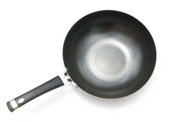 Top view of a saucepan and spatula on white — Stock Photo, Image