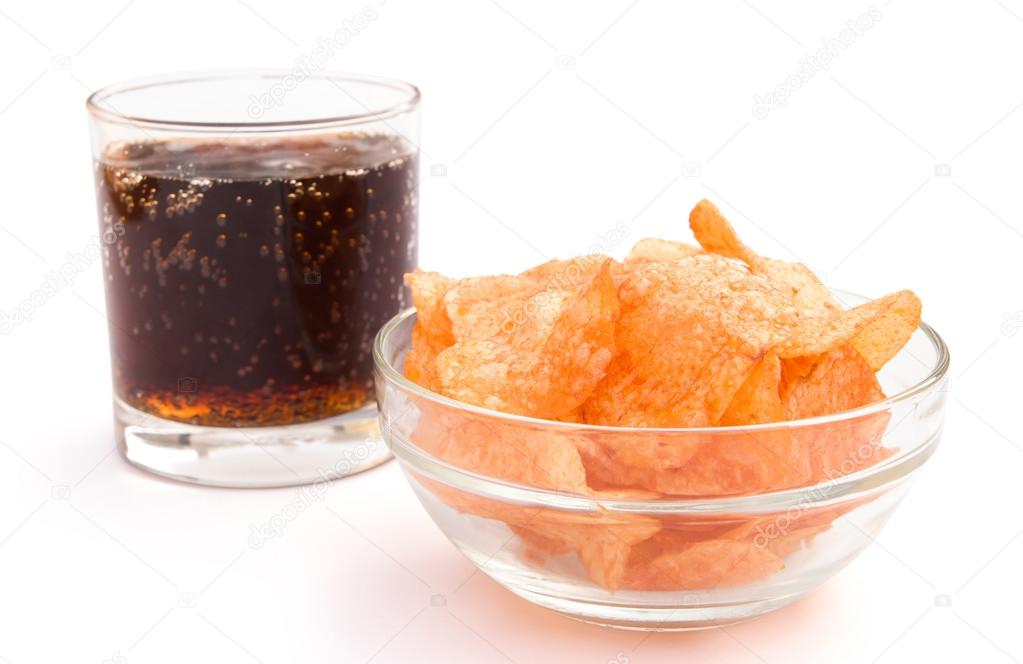 Potato chips and cola with clipping path