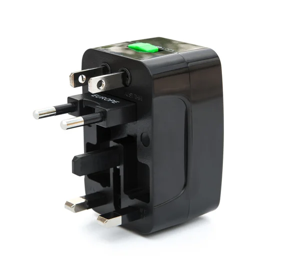 Black universal adapter on white with clipping path — Stock Photo, Image