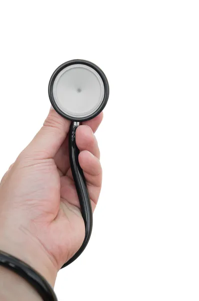 Hand holding a black stethoscope with clipping path — Stock Photo, Image