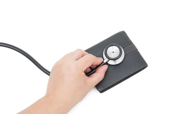 Kırpma yolu cüzdanımı yukarıda stetoskop — Stok fotoğraf