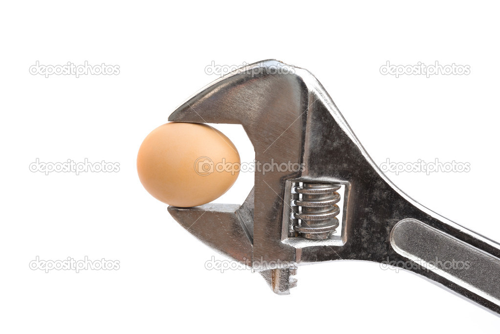 Egg and wrench on white with clipping path