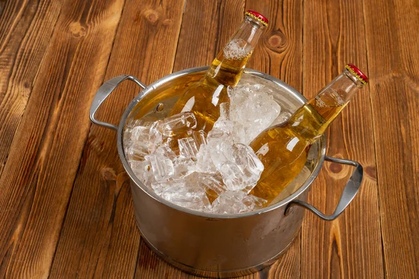 Angle View Bottles Beer Still Bucket Ice — Stock Photo, Image