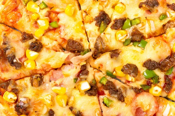 Vista Superior Pizza Fresca Con Aderezos Ternera Tocino — Foto de Stock