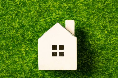 Yeşil çimenlerin üzerinde bir ev modeli