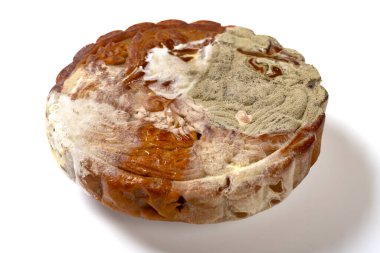 Açı görünümü beyaz arkaplanda kötü küflü ay pastası